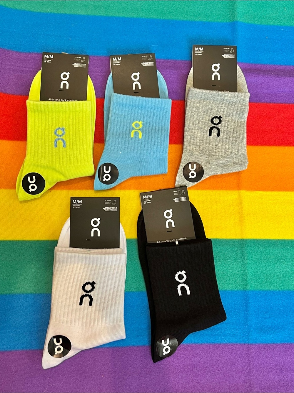 On Running Socks 5 Pair, Neon Yellow, Light Blue, Gray, White, Black, New in Box